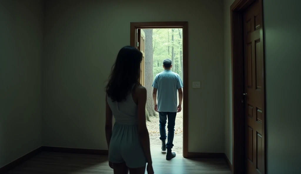 the best photo, the most realistic ,Clareza 4K, Woman , brown hair with shoulder length,age 25 ,White cotton shirt with black shorts, Delicate face, shoulder-length hair, ebony skin . man has a tired face ,man is coming out of one and opening a door, de costas para a Woman ,e a Woman esta cansados, are in a room , and there is no window with a forest . 1 French man, aged 50, Bblack hair , with gray beard, wearing a light blue dress shirt, black boot, and dark jeans