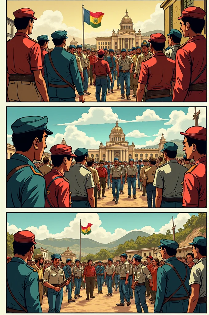 Create a 3-page cartoon comic strip about the Bolivian national revolution