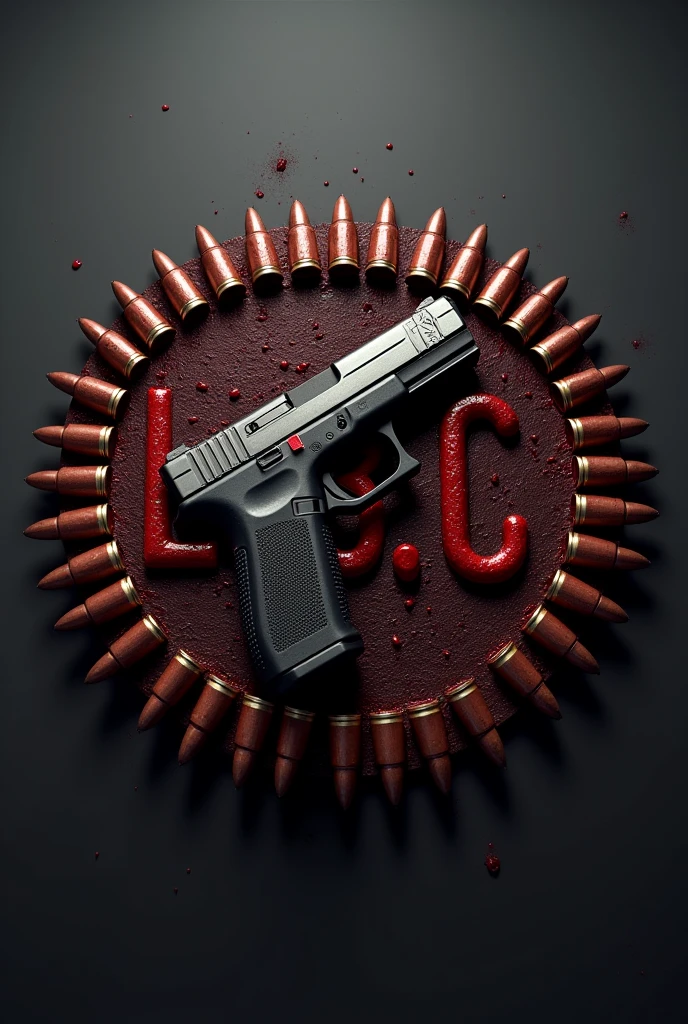 Logo with the initials L.3.C formed with blood on bullets and a 9x19 glock