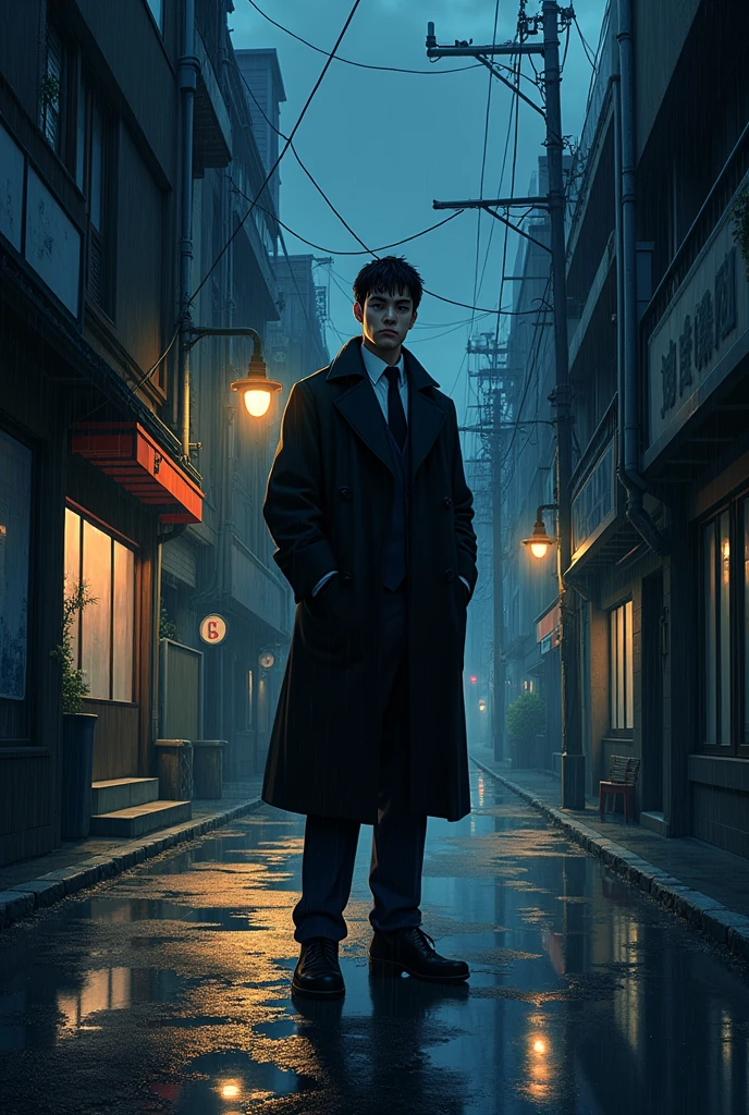 2d manhwa style, image showing a guy that does not care, 1guy, dark vibe, lonely hardworking guy with a arrogant facial expression, background of a wet street after rain, ultra high quality, intricately detailed, chiaro scuro, dark, detailed face, detailed body, detailed background, aesthetic, random guy, mysterious, lot of motion in the image, 2d anime style, detailed background, detailed sky, detailed background objects, clear pixels, sharp focus, crispy image, masterpiece, full body, distance between the guy and the image viewer’s angle,