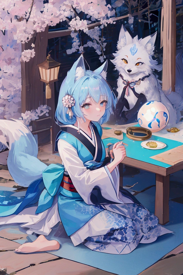 fox Light blue hair beast girl indigo fur fox beast girl fox Light blue hair beast girl indigo fur fox beast girl Wallpaper 4k,8k,highly detailled,,vivid colors,detailed kitsune with 9 tails,traditional Japanese artwork,tatami floor,beautiful cherry blossoms,floating lanterns,dark silhouette of a pagoda,subtle moonlight,dense forest,ethereal atmosphere,dappled sunlight,whimsical spirit,serene expression,elaborate kimono and obi,delicate hand-painted details,luminous eyes Anime Style fox blue White-faced golden-haired nine-tailed fox Coat blue mysterious background Blue Flame girl have a ball of light Anime Style fox blue White-faced golden-haired nine-tailed fox Coat blue mysterious background Blue Flame girl have a ball of light