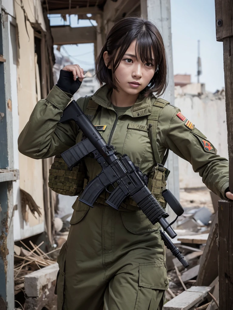 Female soldier fighting in a war-torn city
