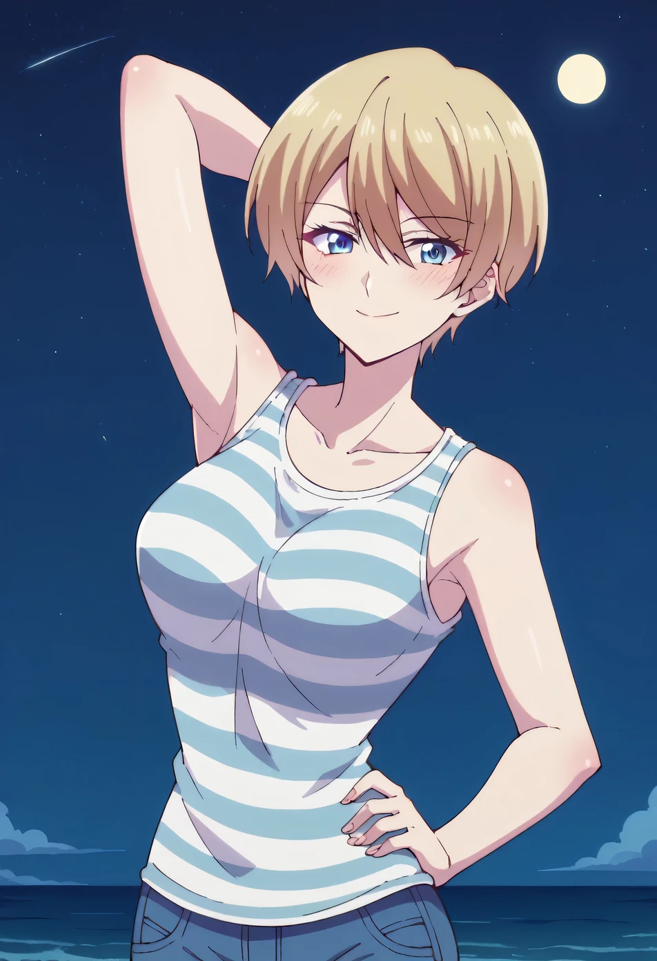 akane hououji, pixie cut, short hair, bangs, blue eyes, blonde hair, hblack_tank_top, striped_shirt, jean shorts, high quality, solo, blushing, night sky, beach, arm behind head, hand on hip, medium breast, contrapposto, closed mouth, spread armpits, cowboy shot, looking at viewer, smile, best quality,