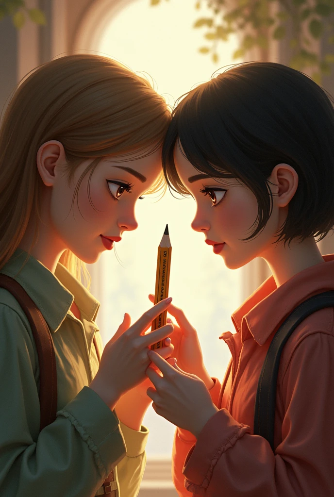 A girl from 1999 and a girl from 2010 exchanging a pencil that says Royal Spanish Academic 