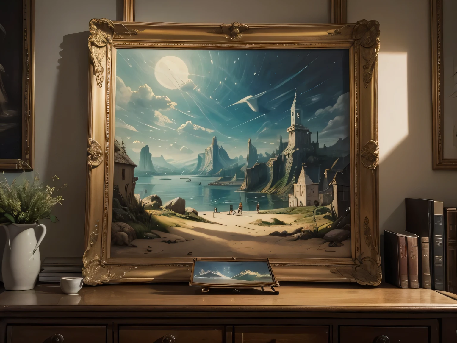 a colerfull painting with moldura, like a picture, with surrealist drawings in the style of the future