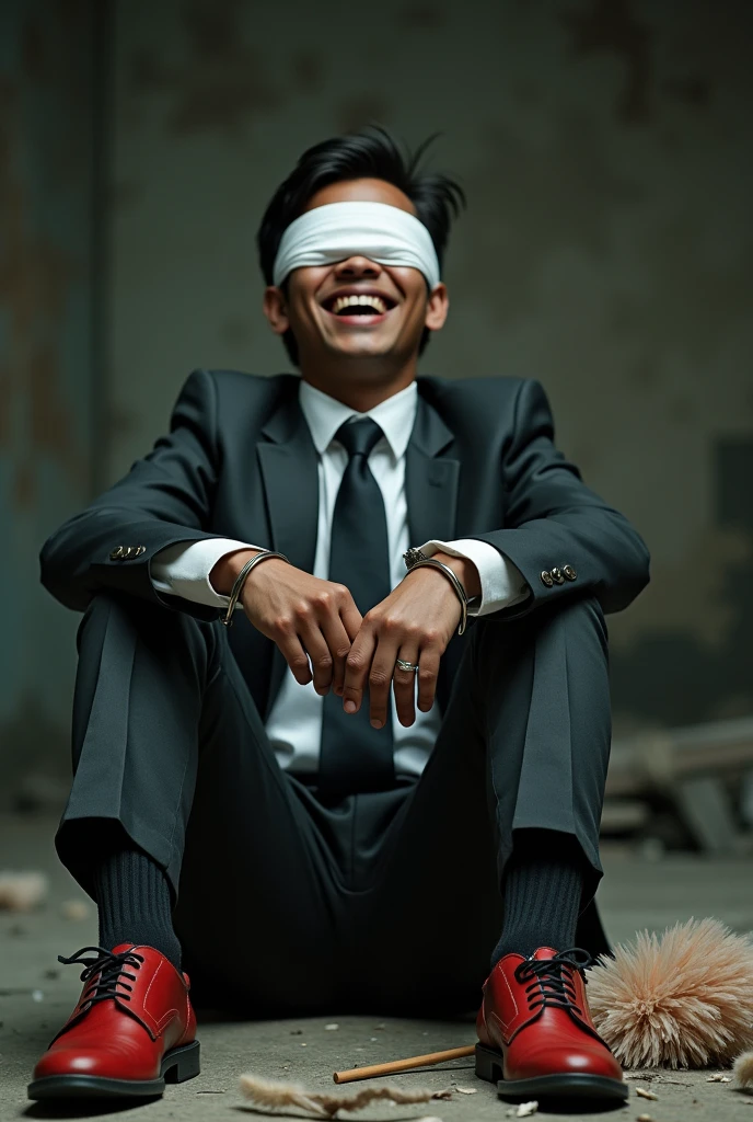 Malaysia malay handsome 19 years student
He laugh very hard
His hand handcuff in abondon warehouse
Blindfolded
handcuff
Formal Work Outfit
Focus Sweaty hot feet on desk
feather duster on desk
red shoes take on the desk
Black sock inside the shoes