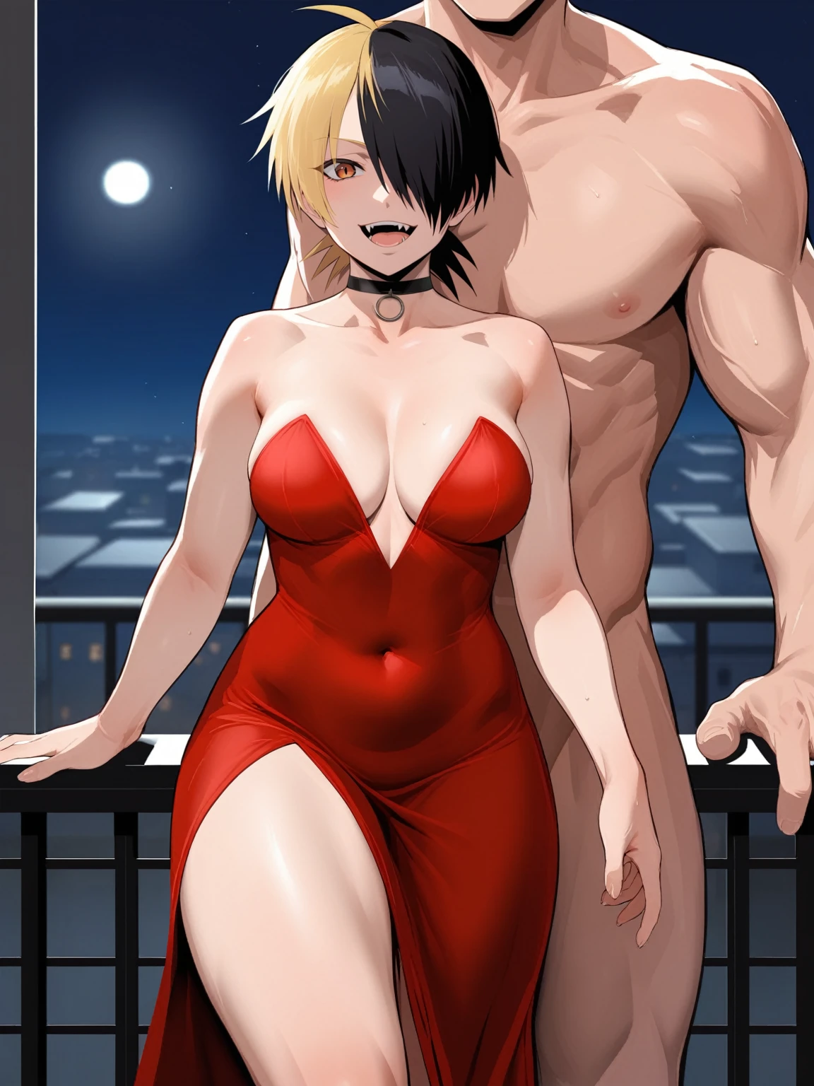 score_9, score_8_up, source_anime, standing, hellsing, seras, blonde hair, nude, indoors, night, night sky, nighttime, vampire, smirk, fangs, ikuchan, balcony, town background, nude male, huge penis, huge testicles, muscular male, medium breasts, boyfriend, couple, looking at viewer, faceless male, light skinned male, cuckold pov, ntr, netorare, standing side by side, standing, cuckolding, cuck, 1girl, 1boy, smug, humiliation, ((faceless male)), ((size difference)), tall male, ((worship)), licking abs, ((light skinned male))), gown, dress, bulge, navel, short dress, red dress, furry, tiger, anthro on human, tiger girl, chubby, bbw, male head out of frame, ((size difference)), , ((large male)), black haired male, solo focus, choker, solo focus , maledom, giant penis, gigantic penis, hair over one eye, multicolored hair, ginger bangs