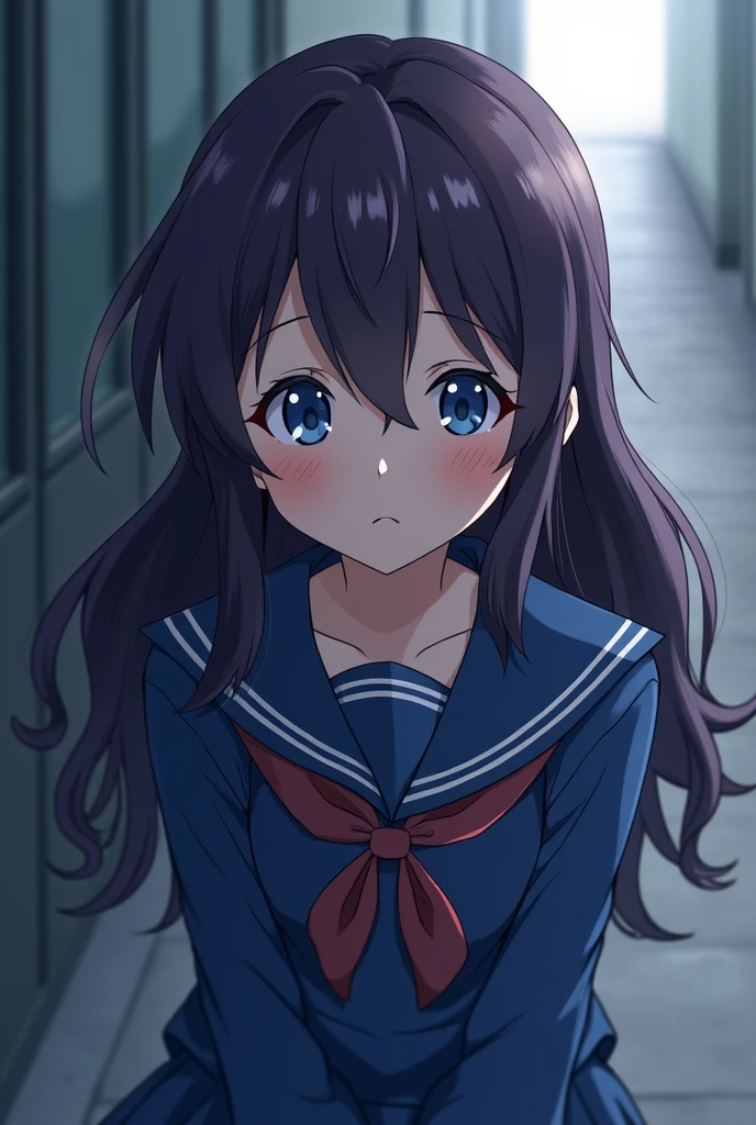 , like , slightly dark violet hair, also long and wavy, blue eyes, He wears a blue school uniform, She is scared. anime style.
