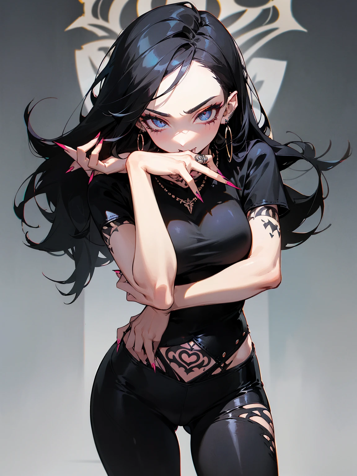 ((Long Straight Black hair)), Perfect face, Choker, Punk earrings, ((Tall)), ((High Quality)), Necklace, ((Mature)), Pretty Eyes, Sharp Nails, ((1 Girl)), ((Multiple Earrings)), Spiky Earrings, Adult, Spiked Collar, ((High Leggings)), ((Black Top)), Close Up, Tall, Long Legs, ((Dynamic Pose)), Vibrant Colors, Sexy, Suggestive, Sexually Suggestive, Slender Body, Stylish, Bangs, Thick Eyeliner Around The Eyes, Tattoo Of Roses On Her Body, Perfect Body, Sensual, Very Sharp Teeth, Punk, Thick Thighs, (masterpiece:1.2), (highest quality), (Detailed skin:1.3), (Intricate details), ((1 woman)), Detailed skin texture, ((Skinny)),