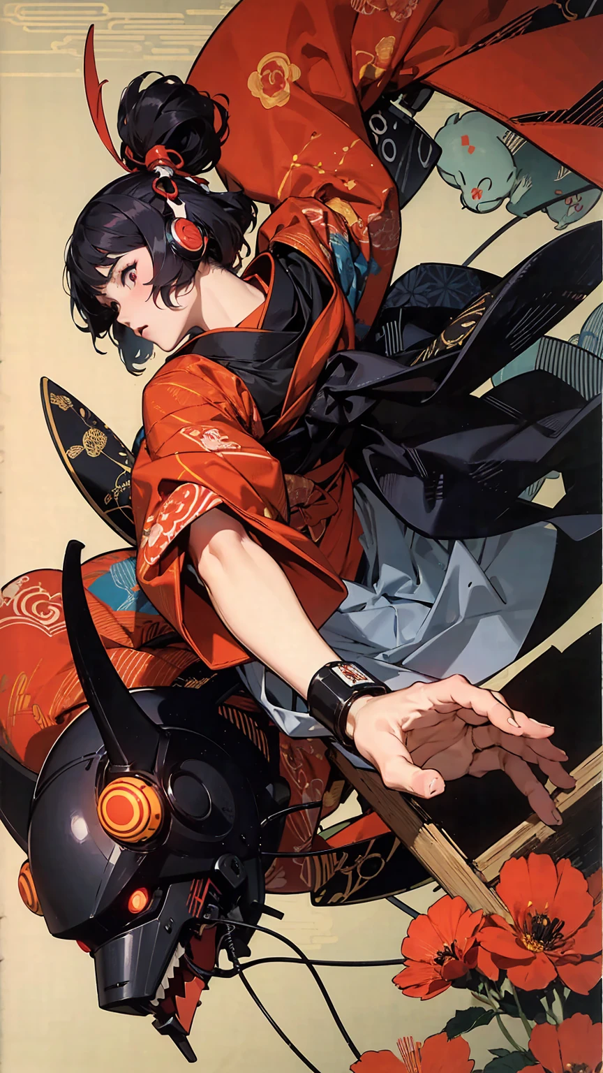 Japanese traditional clothing, Katsushika Hokusai Style, (cyber punk) (neon), woodblock print