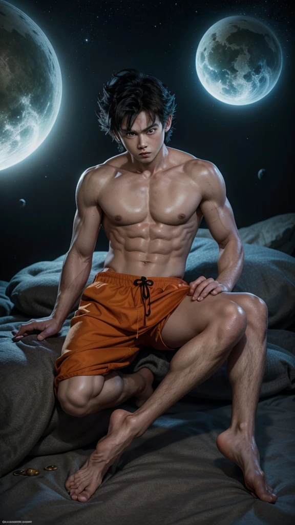 Goku man of dagon ball X,showing the soles of his bare feet