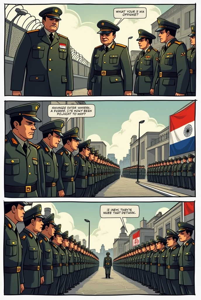 Create a cartoon comic strip about military dictatorships