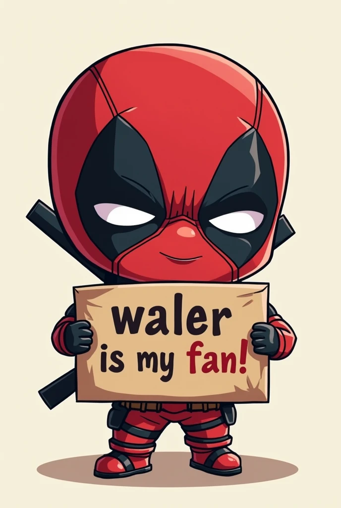 Happy chibi Deadpool with a sign that says "Waler is my fan"