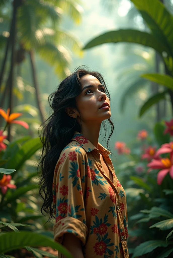 A Brazilian woman in a lush tropical garden, wearing an open shirt with a floral print, she is in a pensive mood, staring overhead.