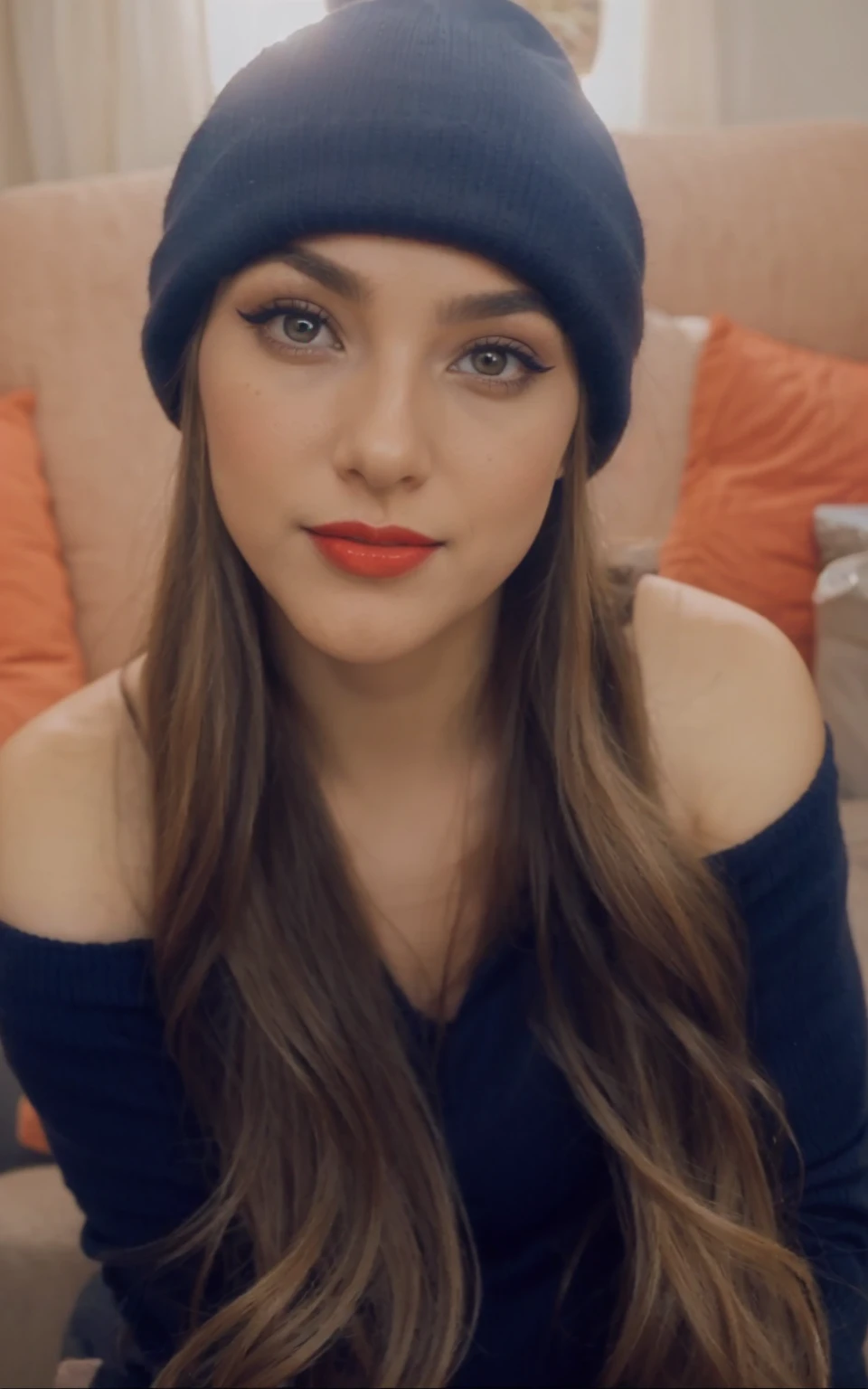 There is a woman with long hair and red lipstick, gorgeous attractive face, beautiful and attractive face, face with full makeup,