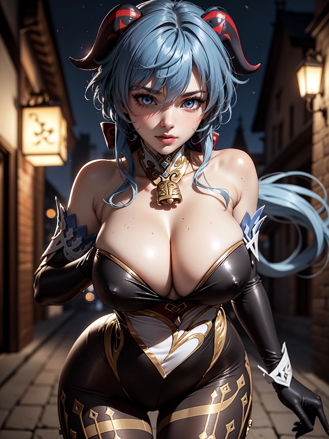 Solo, ((masterpiece)),(best quality),((ultra detailed)), (( blurry night background)), (dynamic angle),((beautiful detailed eyes), ((dynamic pose)), pretty face, ((sexy, cleavage)),((ganyudef))