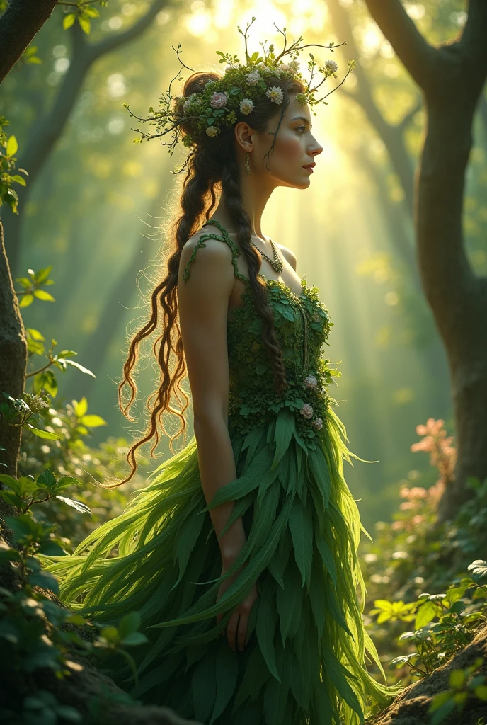 Nature's Muse: A woman with a dress made of leaves and feathers, her hair braided with natural elements, standing in a forest where the light filters through the trees.