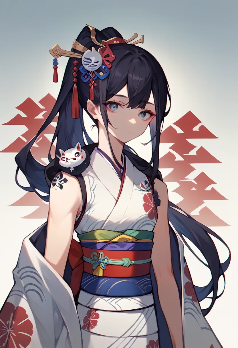 (masterpiece), best quality, expressive eyes, perfect face, kanzashi, black hair, long hair, (hair ornament, japanese clothes, print kimono, wanokunitwonr, ponytail, coat on shoulders, white kimono, sash, sidelocks, sleeveless kimono, obi, hair stick, black jacket, cape, blue eyes