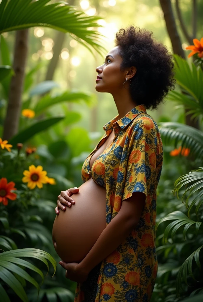 A pregnant Brazilian woman in a lush tropical garden, wearing an open shirt with a floral print, she is in a pensive mood, staring overhead.