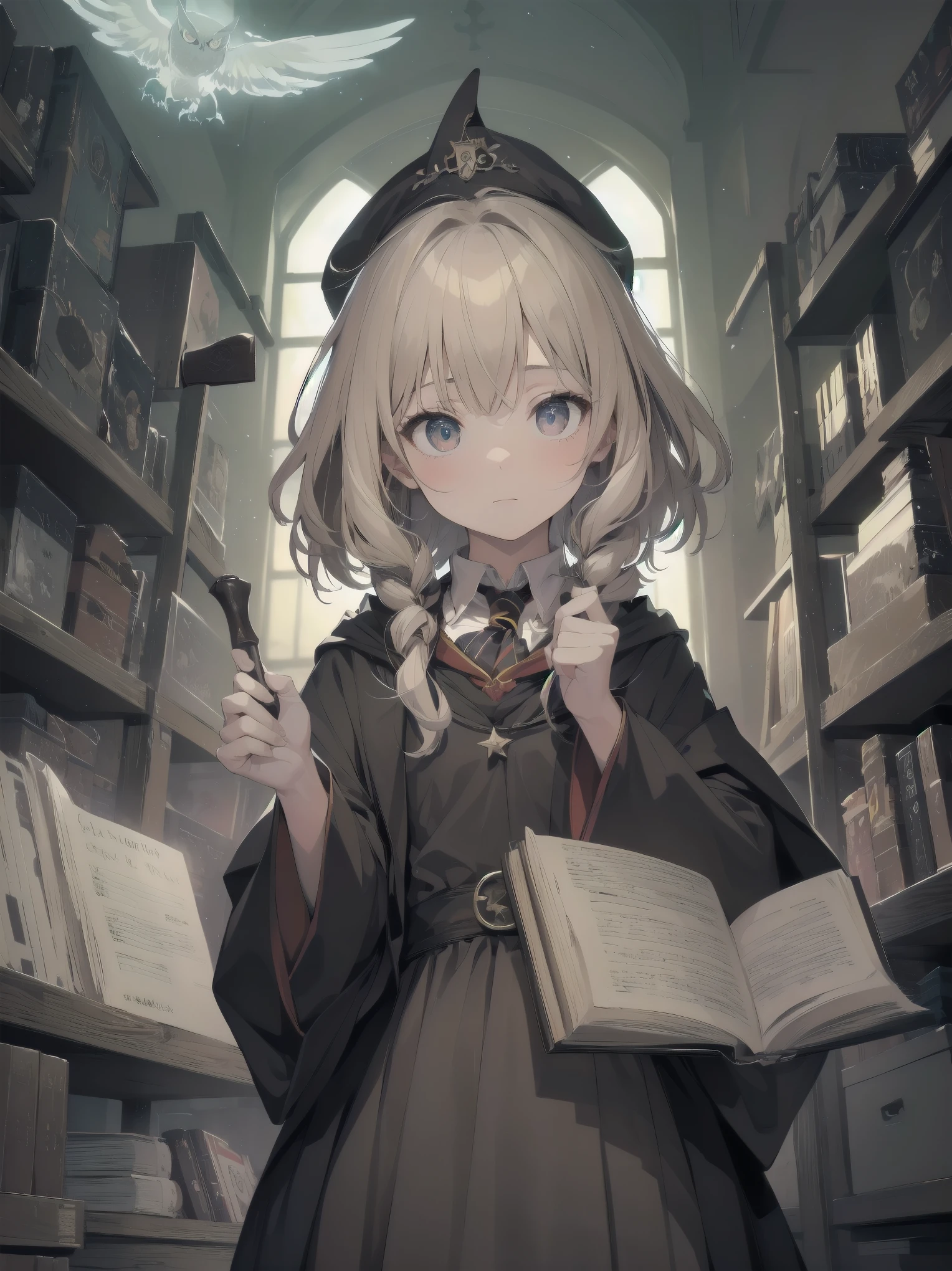 Masterpiece, Top Quality, Absurd, High Resolution, Subject Seismic, Animation Style Illustration with Mock Pause, 1 Girl, Solo, Cute random hairstyle, beautiful random expression and face, random age, slender, random clothing for situation,wizard robes, wand, magical castle, owl, spell book, (Hogwarts: 1.2), magic, wonder, (Harry Potter inspired: 1.3), mysterious atmosphere, details