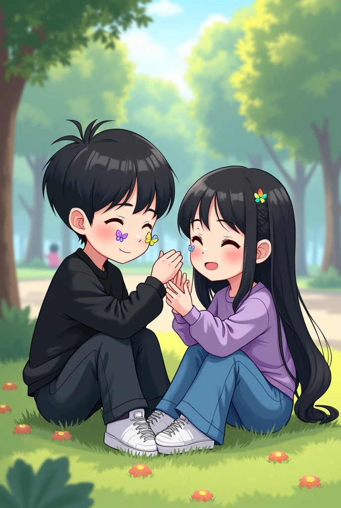 A grown man, high, with black hair in the style of a kpop idol, korean traits, White skin; dressed in wide black jeans, a black sweatshirt and white sneakers. Una mujer con korean traits, with long black hair in the style of a kpop idol, skin very white, dressed in blue flere-type jeans, a soft purple sweatshirt and white sneakers. Woman sticks butterfly stickers on adult man's face, The adult man has stickers stuck on his face . Both sitting on grass in a park In chibi style