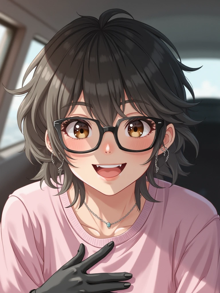 She has messy black hair,Wearing black glasses, Brown eyes,Wearing a pink T-shirt,Wearing black gloves,Mouth with a smile