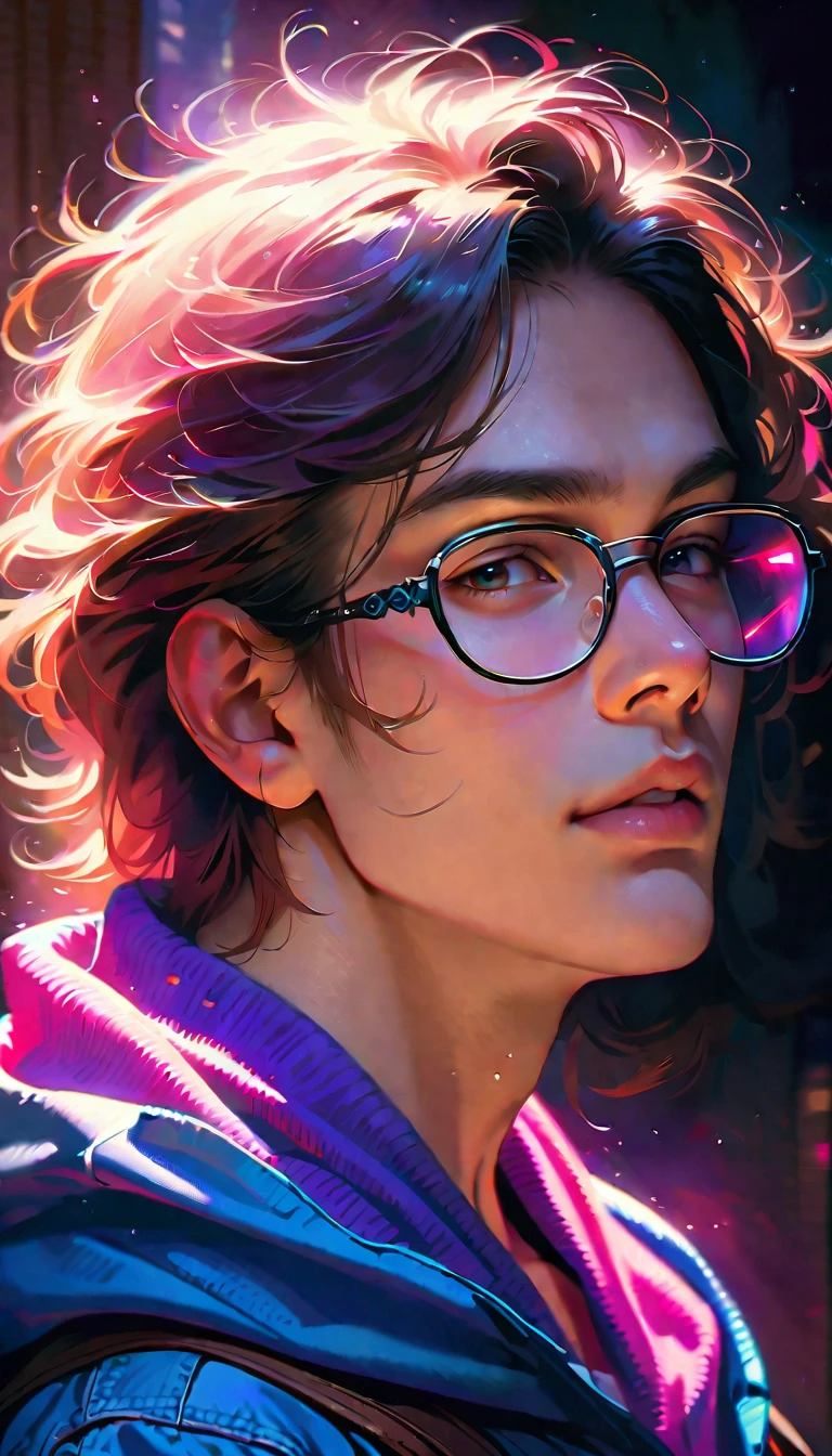 a young man, geek, portrait, detailed face, messy hair, glasses, hoodie, realistic, photorealistic, HDR, 8K, extremely detailed, award winning, highly detailed, intricate details, hyper realistic, cinematic lighting, dramatic lighting, dramatic contrast, vibrant colors, vivid colors, beautiful colors, beautiful lighting
