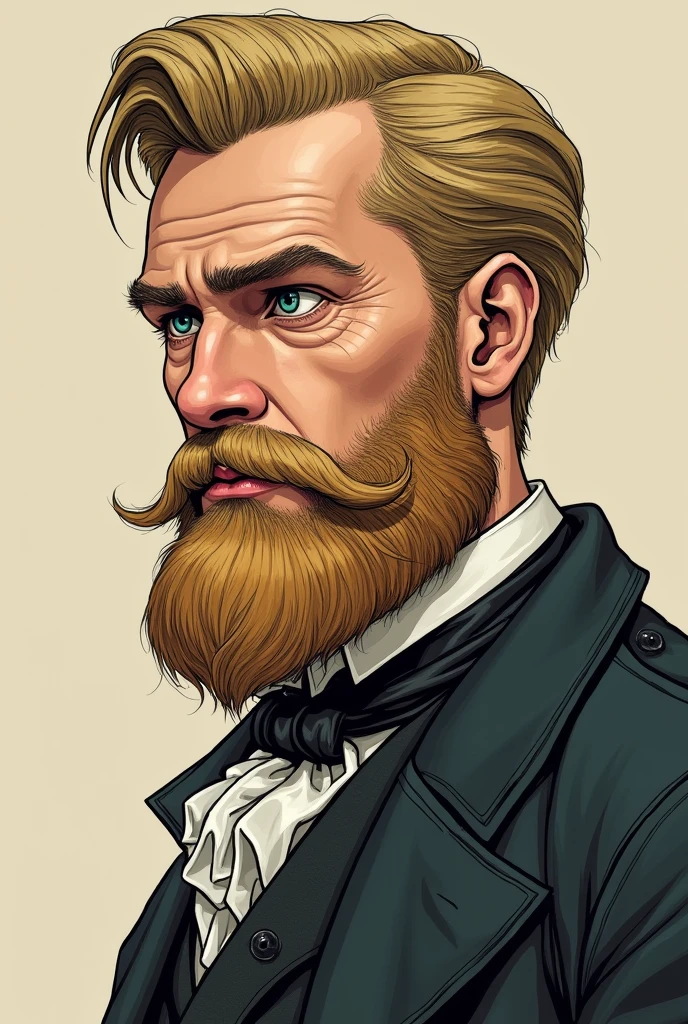Man with well defined face, beard and blond hair, drawn style, side face, olhando de lado, menos realista, He's confident, no earring , He is from the 19th century. He puts his eye to the side, his face is also dumb.