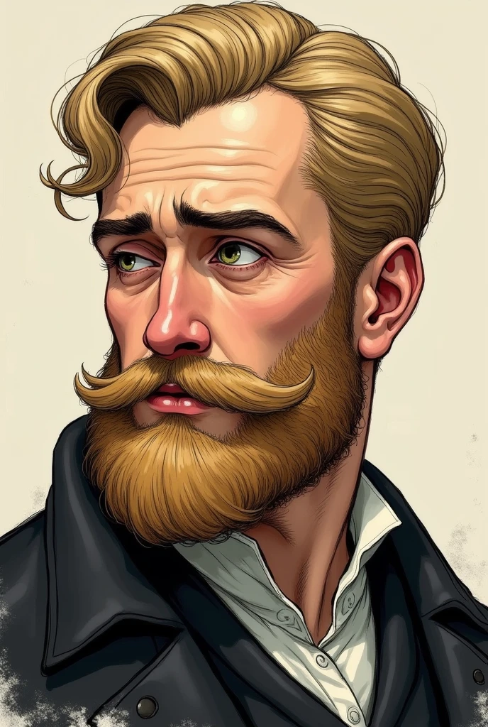 Man with well defined face, beard and blond hair, drawn style, side face, olhando de lado, menos realista, He's confident, no earring , He is from the 19th century. He puts his eye to the side, his face is also dumb.