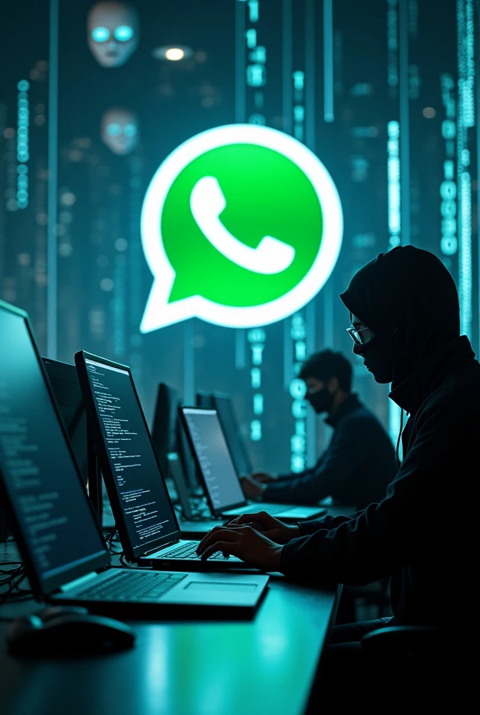 Cinematic scene of hackers amidst a digital network, prominently featuring the WhatsApp logo. The image in blue, black, and white shows binary code flowing like a technological river and robot faces with enigmatic expressions. Hackers are depicted with computers and devices, manipulating data while robot faces observe in the background. The environment is shrouded in a futuristic, tense atmosphere with neon lights and glitch effects to create a sense of high technology and imminent danger.