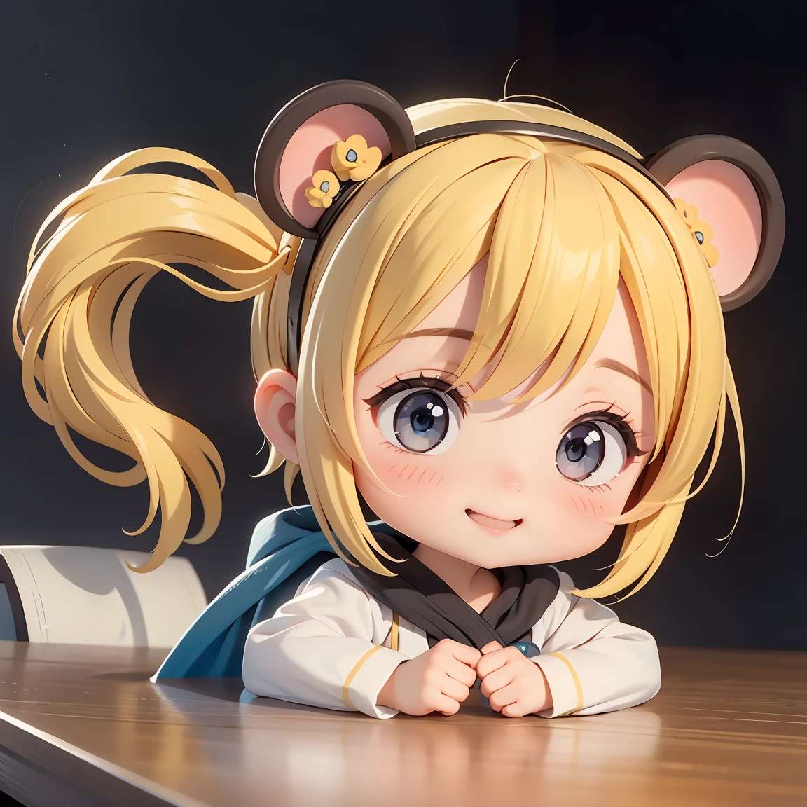 Super Chibi Character:1.8、Blonde Hair、Cute girl、Cute Costumes、Super Chibi Character:1.8、Super Smile、Wearing a black mouse ear headband