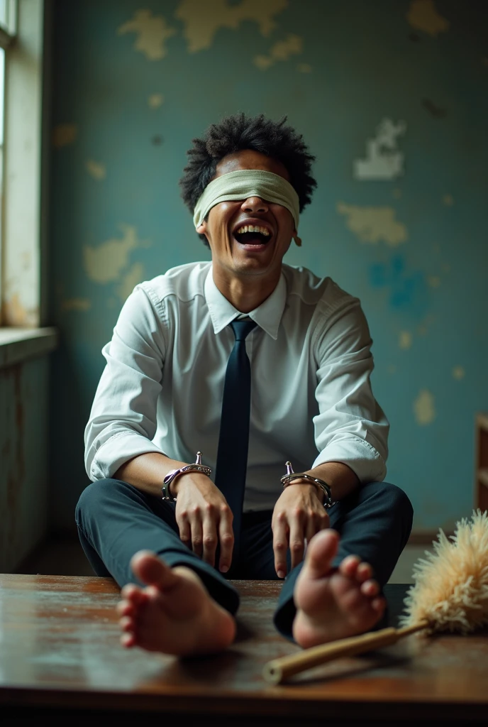 Malaysia malay handsome 19 years student
He laugh very hard
His hand handcuff in abondon warehouse
Blindfolded
handcuff
Formal Work Outfit
Focus Sweaty hot feet on desk
feather duster on desk