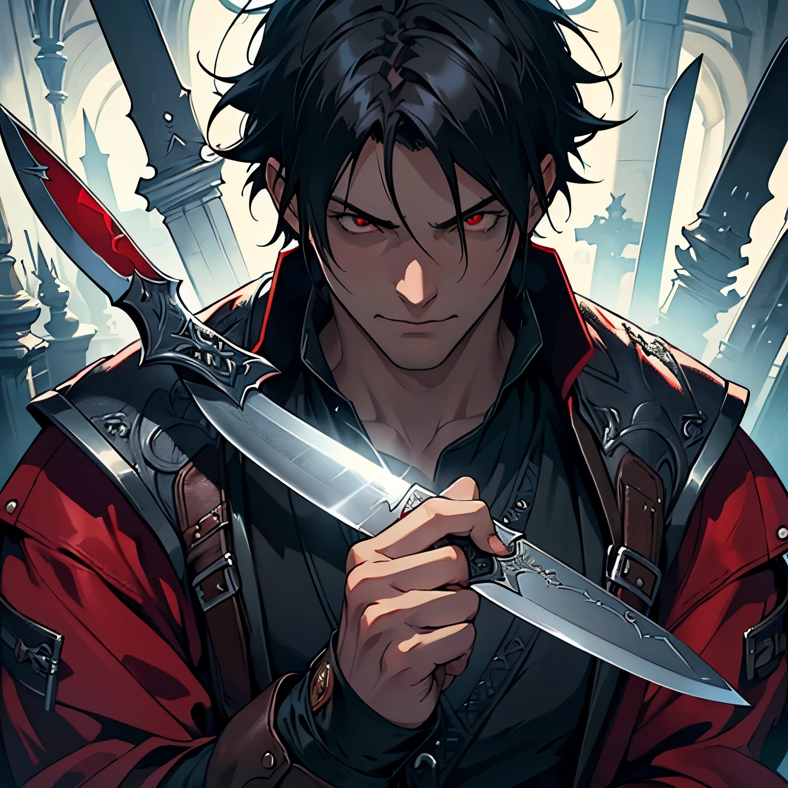 masterpiece, best quality:1.2), masterpiece, high quality, beautiful graphics, high detail, ultra detailed, cinematic lighting, HDR, ilustration, Man design, anime 4k, two knifes in hand, black hair, red eyes, cloth red, dark, serious, poor man, devil may cry, medieval era