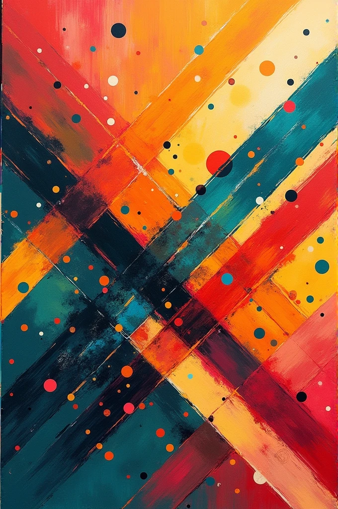  An abstract painting where there are different colored straight and diagonal lines and dots of different colors superimposed on the lines 