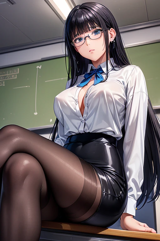 #Basics Girl posing for a photo, animeのcute少女, ((One Girl)), ((Baby Face:1.5)), ((cute:1.5)), (()),
break
#Clothing Accessories
((A white dress shirt partially unbuttoned around the neck:1.2) + (shiny black pencil skirt) + (Black Pantyhose) + (Glossy black high heels) + (Black intellectual glasses)),
((Blue gemstone earrings)), (Silver Necklace),
break
#Features
((Black Hair:1.2)), ((blunt bangs:1.2)), ((Straight Long Hair) : Straight hair),
((Big eyes:1.4)), ((blue eyes)),
(Small breasts:1.2),
(White skin),
break
#background environment
((noon, A brightly lit school classroom, blue sky)),
#Facial Expression Pose
((Glaring expression) + (Disgust) + (A condescending expression:1.2)), ((Confident、Powerful、Intimidating and condescending、Sitting at a desk with legs crossed)),
#composition
((Angle from below:1.2)), ((Cowboy Shot)),
break
#Body parts elements
(Slim figure),
(Symmetrical facial features),
(Detailed Hair, Beautiful Hair, Shiny Hair),
(double eyelid, Long eyelashes, Thin eyebrows:0.5),
(Detailed eyes), (Beautiful Eyes), (Sparkling eyes), Glitter Eyeliner,
(Human Ear),
(Beautiful Nose, Thin Nose),
(Glossy Lips, Beautiful Lips, Thick lips),
(Detailed skin, Textured skin, Beautiful Skin, Oily skin),
break
#quality
(((最高quality)), ((masterpiece:1.3)), ((Very detailed))), ((Ultra-high resolution)), ((16K)), ((1080P)), ((Full HD)),
((Anatomically correct)), ((Realistic)), (3DCG), ((oil)),
((comics, anime)), (CG illustration), (RAW Photos),