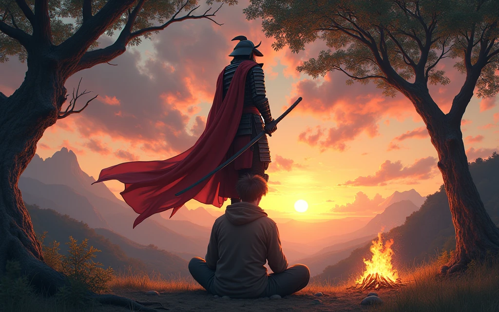 A Samurai on top of your hair, under a tree next to a campfire in the sunset light.