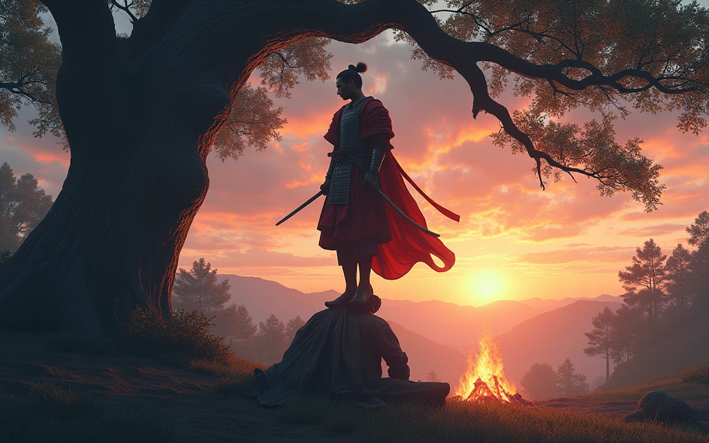 A Samurai on top of your hair, under a tree next to a campfire in the sunset light.