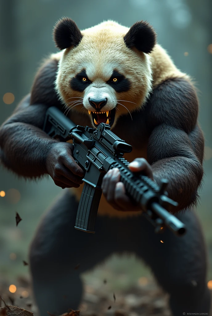 A shirtless man with a panda head with an m4 with his mouth open and sharp teeth in an attacking position