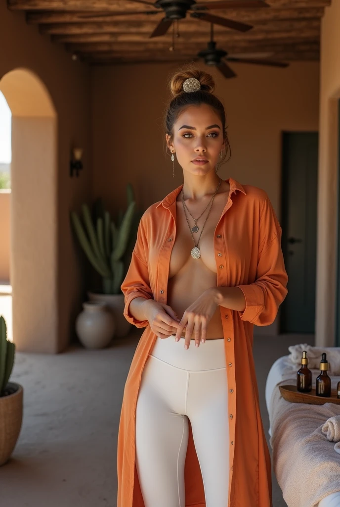 1 alluring female massage therapist welcomes you to her adobe, her (portable massage table:1.2) behind her, full body:1.6, fullbodyesbian, (she is wearing tight matte white leggings, showing mound gap thigh, hips shape, with loose eclectic styled orange shirt and necklaces:1.2) she has (sandals on with her perfect feet) , standing on your feet:1.1, she is calm and beautiful, she's looking at us,((desert landscape:1.2)),exterior adobe front patio, massage table with towels and oil bottles on table nearby, realistic photo, (46% of photo is black in drawing:1.4), (welcoming hands, relaxed).(wearing hair up in a big plastic hair-clip) , she's watches us approach, (flirty looks:0.9), irresistible love, (lovely open smile:1.1), masterpiece, obsessively detailed , professional folding massage table, cozy relaxed, beautiful hands, kind eyes, gorgeous, incredible details, ((high contrast)), (deep, darkest shadows), (shadow details:1.0), ((taken using Leica camera, aperture: f/2.3)) , hyper-realistic skin, pores, scars, smokey eye makeup, arms relaxed , relaxed moment, she's in dark with natural sun light, (romantic light:1.5), radiant skin, perfectly framed face, perfect relaxed hands, perfect fingers, (perfect portrait, incredible eyes:1.1), a work of art,beautiful composition, golden ratio, inspiring, (highest quality fabric texture), every detail,Fine facial features – (Highest Quality) ,Leica camera film, High quality ○○ detailed – ○○ details ultra detailed(Ultra-fine ), Photorealistic, Extremely detailed(Extremely detailed) , (highest detail image, lens flare, realistic)○○ res – ○○ resolution ultra high res(A high resolution),playful relaxed photos