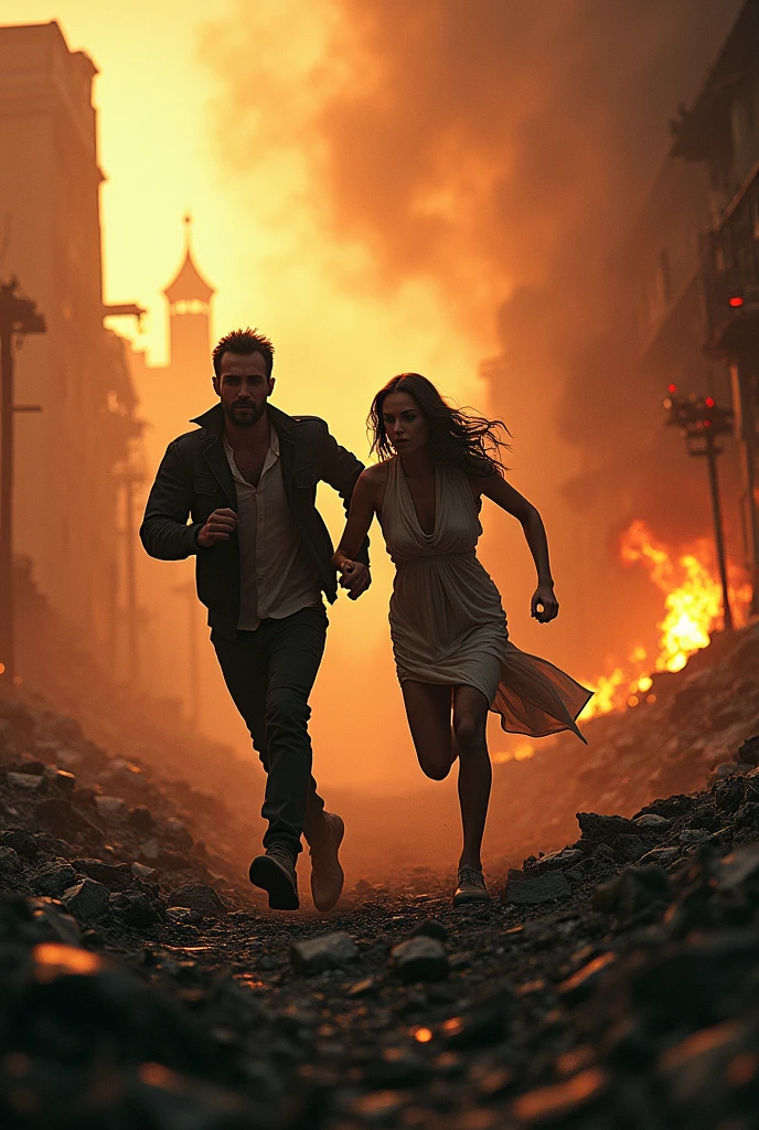 A woman and a man (that are unknown) They are fleeing from a destroyed and burning place