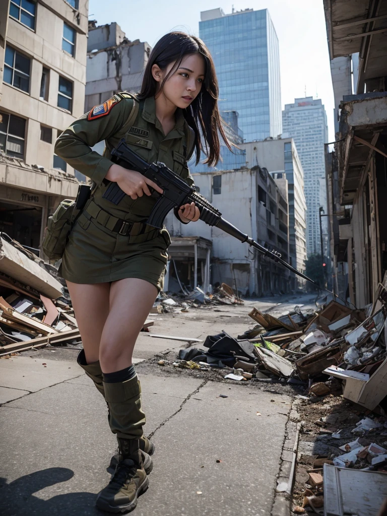 Busty female soldier fighting in a city completely destroyed by war