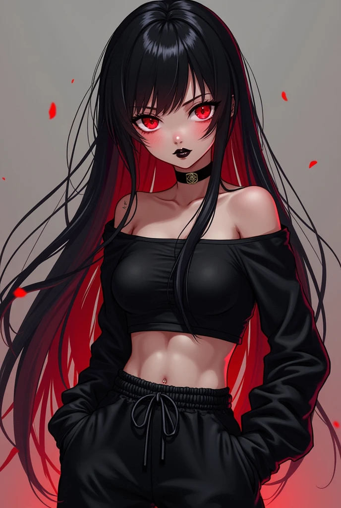anime girl, with black hair and red highlights, without bangs her hair is long, His eyes are large and deep red, Her lips are black and her eyeliner is also black.. She is wearing a black crop top and black baggy pants.