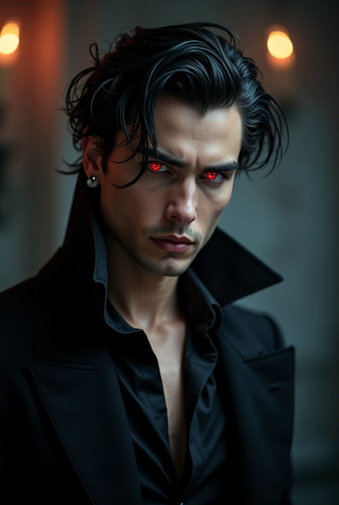 A handsome male vampire, with black hair and crimson pupils, give the vibes of seduction and alluring.