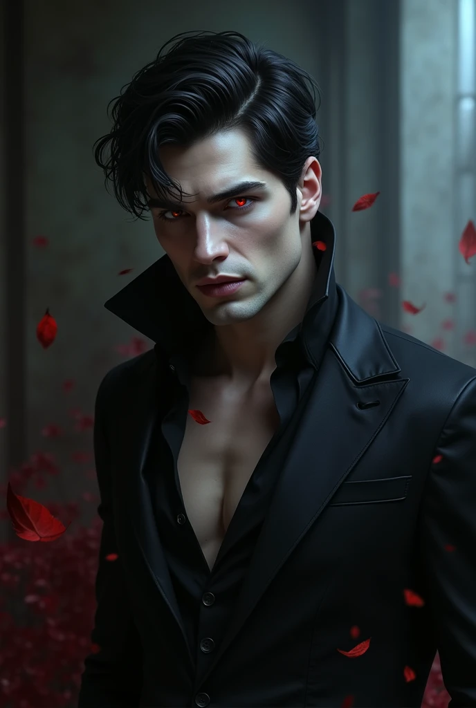 A handsome male vampire, with black hair and crimson pupils, give the vibes of seduction and alluring.