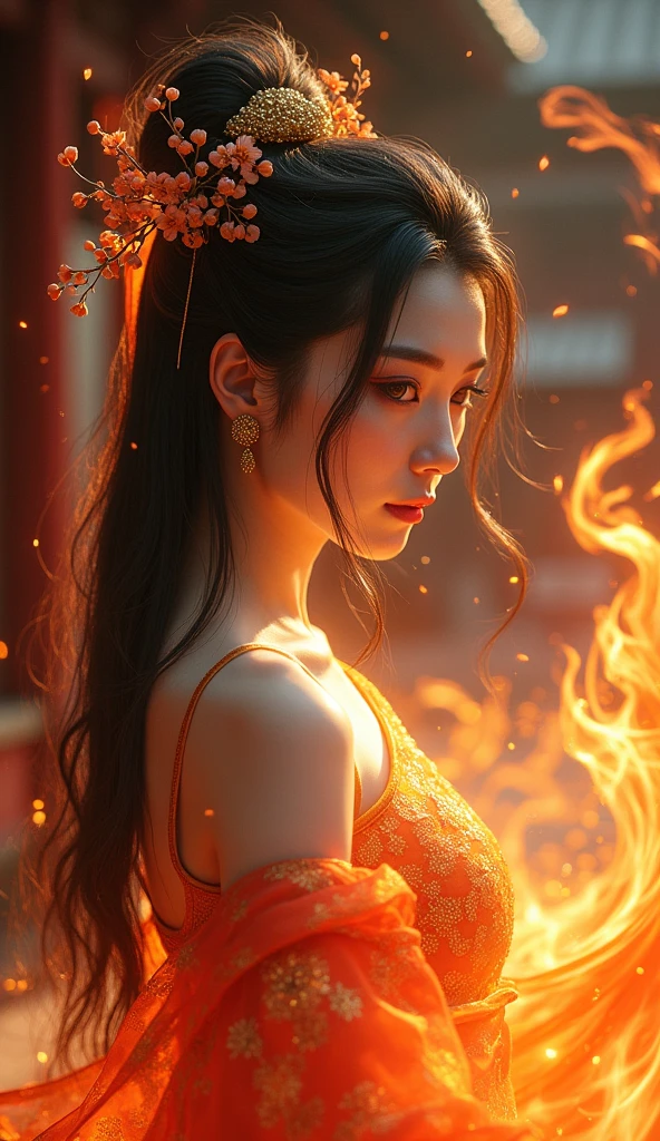 A mesmerizing, photorealistic 8k image of a young woman with a blend of Japanese and Chinese features, showcasing a stunning mix of traditional and modern elements. She has long, flowing black hair with fiery tips that glow, creating a captivating contrast with her attire. Her dress appears to be made of flames, swirling around her body in intricate patterns, lending a unique and otherworldly aesthetic. A golden headset adorns her head, adding a touch of modernity to her appearance. Delicate flowers are carefully placed among her fiery hair strands, enhancing the ethereal beauty of the scene.

The background features a dimly lit, traditional East Asian architecture setting, with the fiery glow of her attire and hair casting dynamic shadows and reflections on the surroundings. Each element is rendered with the utmost detail, from the cosmetics and beauty sty, dark fantasy