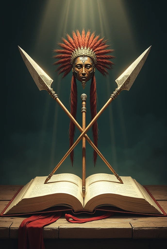 Two spears crossed with a book in the middle and a headdress 