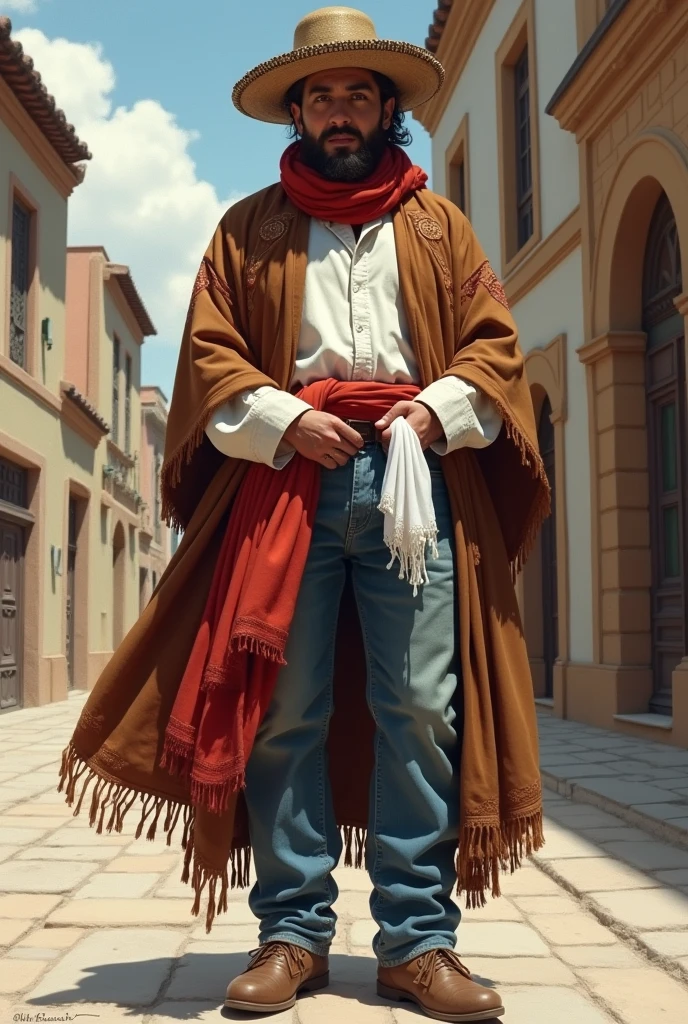 A person who has a brown Arequipa-style poncho from the song (Arequipa Montoneros), with white shirt, a red scarf tied around the waist, with sky blue geans and a white handkerchief in her hands.
The character in Russian clothes from the song (mosque)