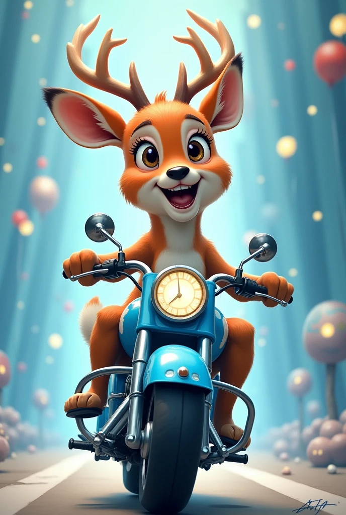 Happy deer on a blue and white motorcycle