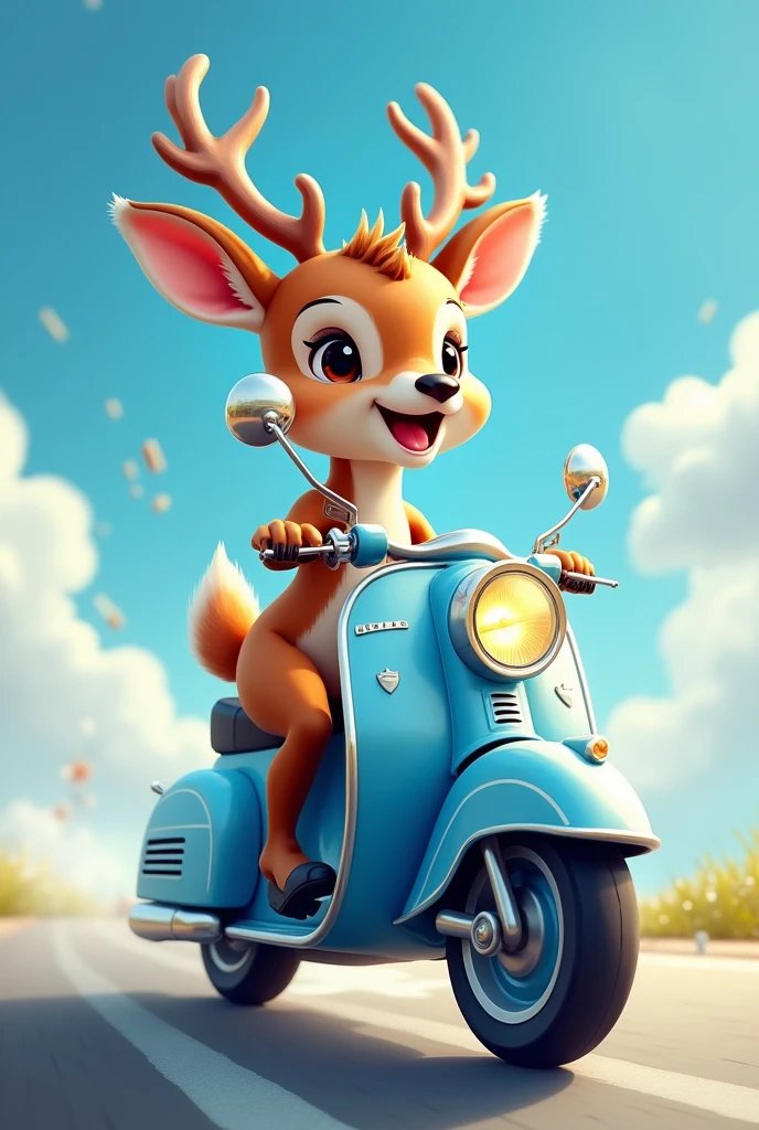 Happy deer on a blue and white motorcycle
