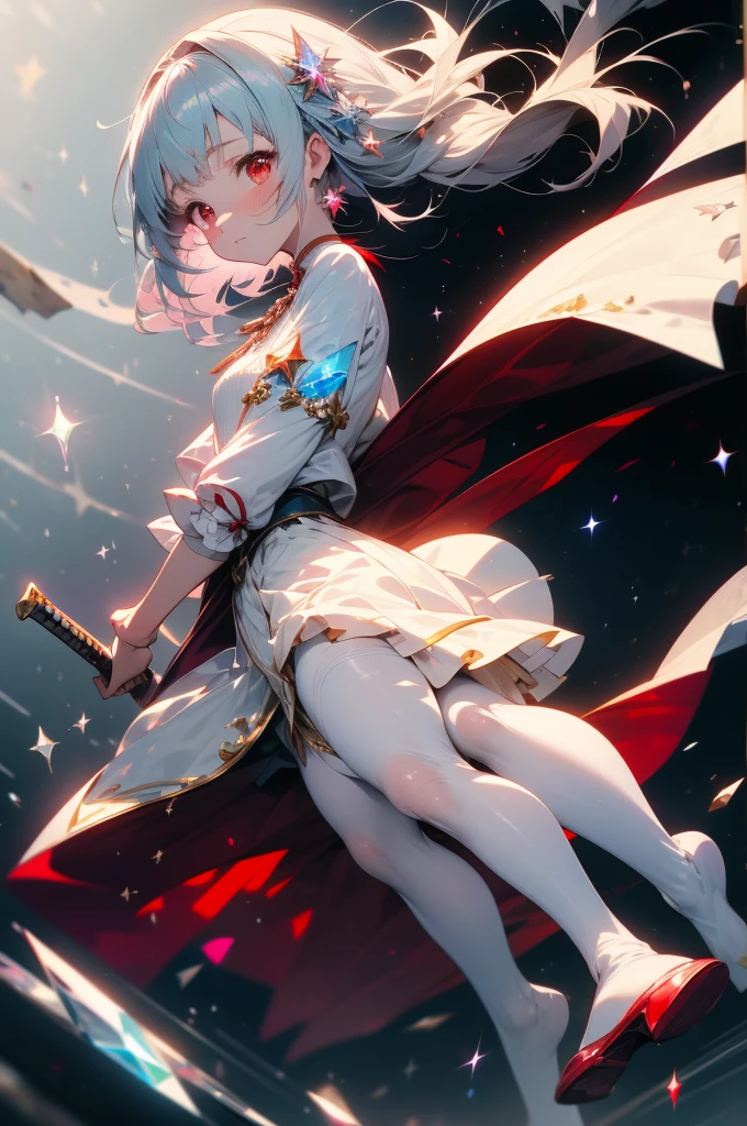 Girl, very beautiful, red eyes, Western Clothing, white clothing, Red cape, holding sword, dynamic pose, silver hair, long hair, full body, shoes, simple background, cinematic, light color illustration, miyako shikimori, very beautiful, alone, cute, adorable, Atelier Sophie style, glittering, elegant, stable, nice hand, mini skirt, Skirts above the knee, short skirt, View front,full body,toe, ((masterpiece)), ((best quality)), cute technique, pastel Color, cute, pretty color, close-up, crystal, eye focus, gem, sparkle, star \(symbol\)